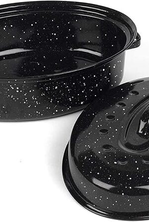 16 Inch Roasting Pan with Lid - Covered Oval Roaster - Enamel Carbon Steel Roaster Pot - Excellent Heat Distribution and Non-sticky - for Turkey Chicken Meat & Vegetables -Birthday and Holiday gifts