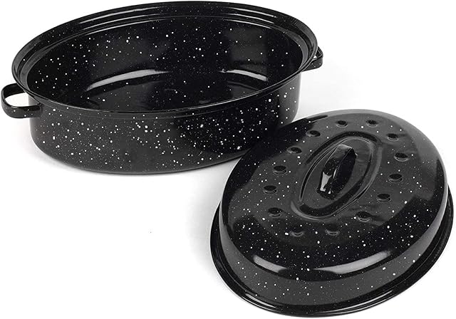 16 Inch Roasting Pan with Lid - Covered Oval Roaster - Enamel Carbon Steel Roaster Pot - Excellent Heat Distribution and Non-sticky - for Turkey Chicken Meat & Vegetables -Birthday and Holiday gifts