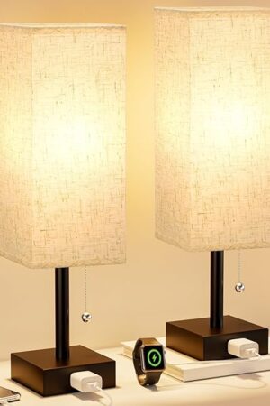 Bedside Table Lamps for Bedroom Set of 2 - Small Rectangular Nightstand Lamp with AC Outlet Charging Port, 3 Color Temperatures Desk Light with Bulb, Tabletop Reading Lamp for Living Room/Dorm/Office
