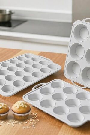 3Pcs Silicone Muffin Pan 6, 12 and 24 Cup with Metal Frame, Non Stick Jumbo Cupcake Pan with Handles, BPA Free Silicon Mini Muffin Tin Regular Tray For Baking,Egg Bites,Mold Light Grey