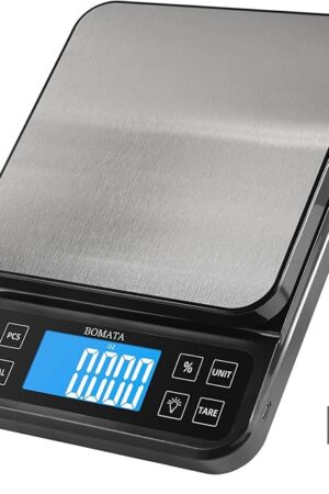 BOMATA Large Kitchen Scale with 0.1g/0.001oz High Precision, 5kg/11lb Bakery Scale with% Percentage Function, USB Rechargeable, Full-View Angle LCD with Backlight, Stainless Steel Pan