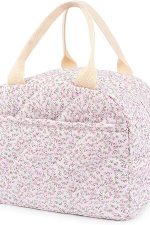 Cotton Quilted Insulated Lunch Bag, Cute Quilted Floral Lunch Tote Bags Reusable Insulated Lunch Box Coquette Aesthetic Large Capacity Insulated Cooler for Women Work Travel Picnic (Pink)