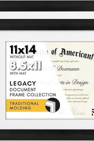 Americanflat 11x14 Diploma Frame with Shatter-Resistant Glass - Set of 2 - Use as 8.5x11 Frame with Mat or Display 11x14 Documents Without Mat - Legacy Collection - Certificate Frames for Wall - Black