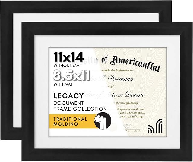 Americanflat 11x14 Diploma Frame with Shatter-Resistant Glass - Set of 2 - Use as 8.5x11 Frame with Mat or Display 11x14 Documents Without Mat - Legacy Collection - Certificate Frames for Wall - Black