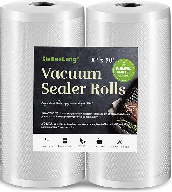 Vacuum Sealer Bags for Food,Seal a Meal Bags Rolls,8inx50 Rolls 2 Pack,XinBaoLong,Commercial Grade, Heavy Duty, BPA Free,Great for Vac Storage.Total 100 Feet!!!