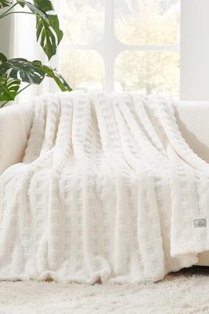 Cozy Bliss Checkered Waffle Blanket, Ivory, 50x60 Inches
