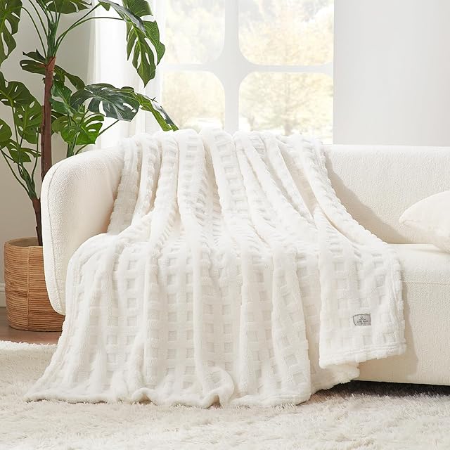 Cozy Bliss Checkered Waffle Blanket, Ivory, 50x60 Inches