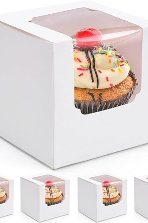 VGOODALL 20PCS White Cupcake Boxes, 3.5"x3.5"x3.5" Individual Cupcake Containers Pre-Assembled Containers with Window and Inserts for Wedding Baby Shower Birthday