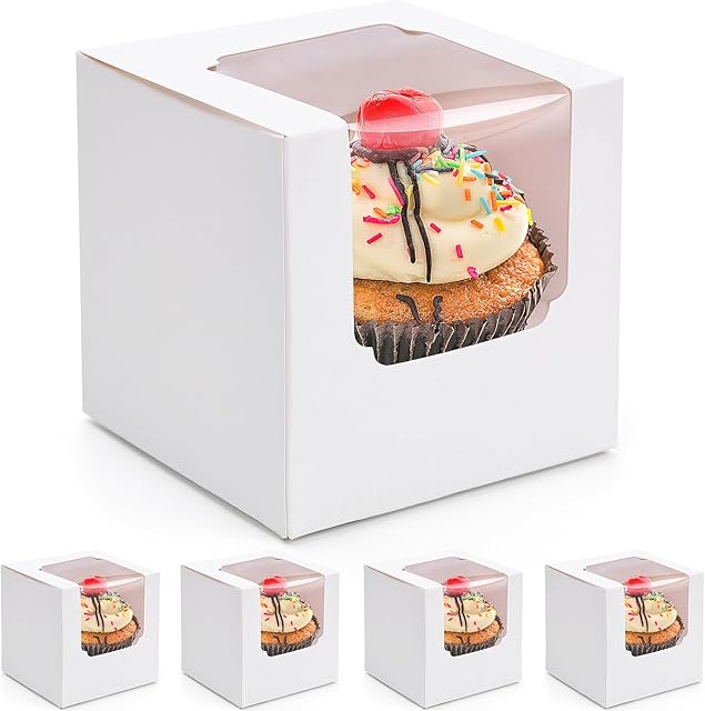 VGOODALL 20PCS White Cupcake Boxes, 3.5"x3.5"x3.5" Individual Cupcake Containers Pre-Assembled Containers with Window and Inserts for Wedding Baby Shower Birthday