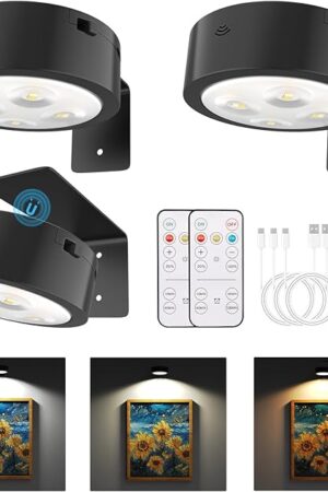 3 Pack Picture Lights for Wall, Rechargeable Battery Operated wall lights, Picture Frame lights with 3 Lighting Modes, Wireless Magnetic Painting Light with Remote Control Timer (Black, 3 Pack)