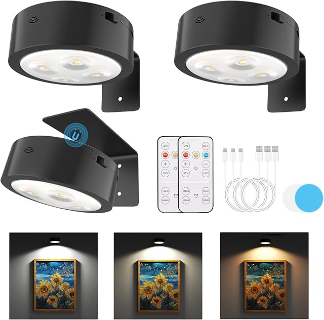 3 Pack Picture Lights for Wall, Rechargeable Battery Operated wall lights, Picture Frame lights with 3 Lighting Modes, Wireless Magnetic Painting Light with Remote Control Timer (Black, 3 Pack)