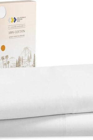 California Design Den Standard Queen Size Pillowcases - 100% Cotton, Set of 2 Soft & Cooling Sateen Weave Cases, Fits Queen and Standard Size Pillows - Bright White