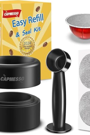 CAPMESSO Reusable Vertuo Pod Refill Kit, Faster Seal Reusable Nespresso Vertuo Pods with Fill & Press Brush,100pcs Aluminum Foil Lids for Refillable Nespresso Pods Vertuo
