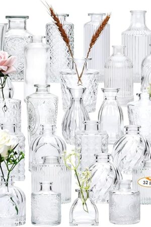 Brajttt Set of 32 Bud Vases for Flowers, Small Vintage Glass Bottles for Rustic Wedding Centerpieces and Home Decor