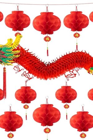 3D Chinese New Year Decorations 2026, Chinese Dragon Decoration with 1 Dragon and 12 Red Plastic Lanterns for Spring Festival Party Decorations