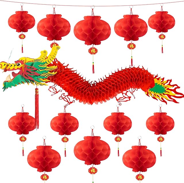 3D Chinese New Year Decorations 2026, Chinese Dragon Decoration with 1 Dragon and 12 Red Plastic Lanterns for Spring Festival Party Decorations
