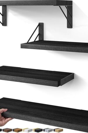 BAYKA Wall Shelves for Bedroom Decor, Floating Shelves for Wall Storage, Display Mounted Rustic Wood Shelf for Books,Plants,Corner Shelves for Bathroom,Kitchen,Living Room(Set of 4)