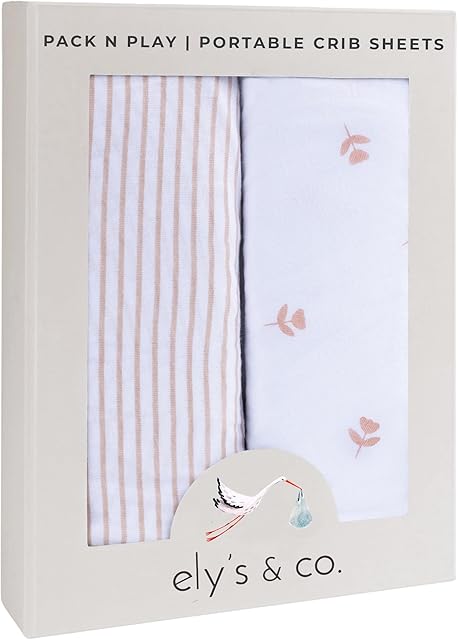 Ely’s & Co. Pack and Play Sheets, for Mini/Portable Crib, 2 Pack Fitted Playpen Play Yard Sheet Set Compatible with Graco Pack n Play, for Baby Girls, 100% Cotton, Pink Tulips and Stripes, 38?x24?x5?