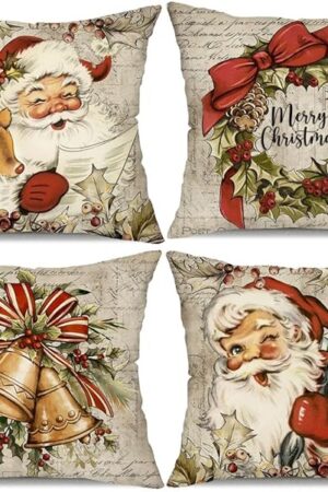 DFXSZ Christmas Pillow Covers 18x18 inch Set of 4 Santa Claus Reindeer Decorative Vintage Throw Pillow Covers Winter Retro Farmhouse Decoration for Home Couch BTHZ-140B18