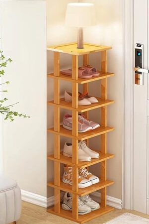 Bamboo Shoe Rack - Vertical Shoe Rack for Small Spaces, Tall Narrow Shoe Rack Organizer for Closet Entryway Corner Garage and Bedroom,Skinny Shoe Shelf Free Stackable DIY - Space Saving Storage