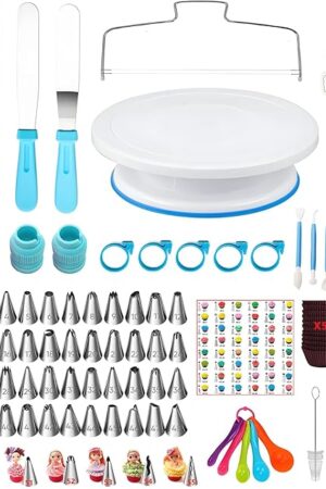 340 Pcs Cake Decorating Kit, with Cake Turntable,48 Numbered Icing Tips,7 Numbered Korean Skirt Piping Tips,2 Spatulas,3 Comb Scrapers,100 Pastry Bags,100 Paper Cupcake Liners