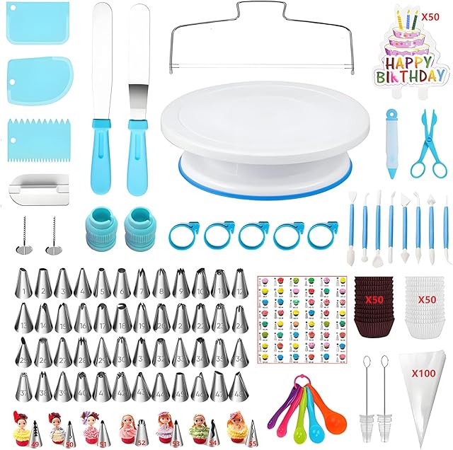 340 Pcs Cake Decorating Kit, with Cake Turntable,48 Numbered Icing Tips,7 Numbered Korean Skirt Piping Tips,2 Spatulas,3 Comb Scrapers,100 Pastry Bags,100 Paper Cupcake Liners