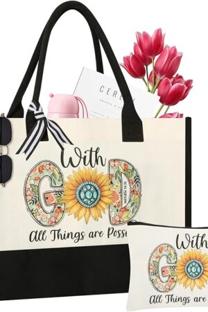 Christian Gifts for Women, Canvas Tote Bag with Makeup Bag