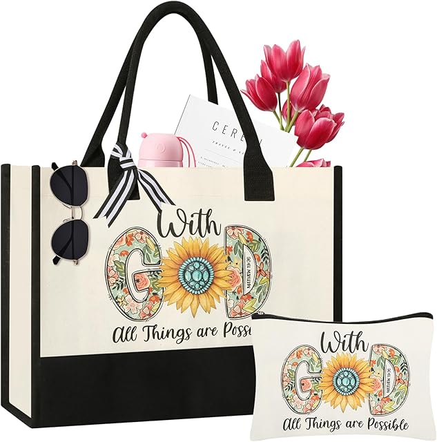 Christian Gifts for Women, Canvas Tote Bag with Makeup Bag