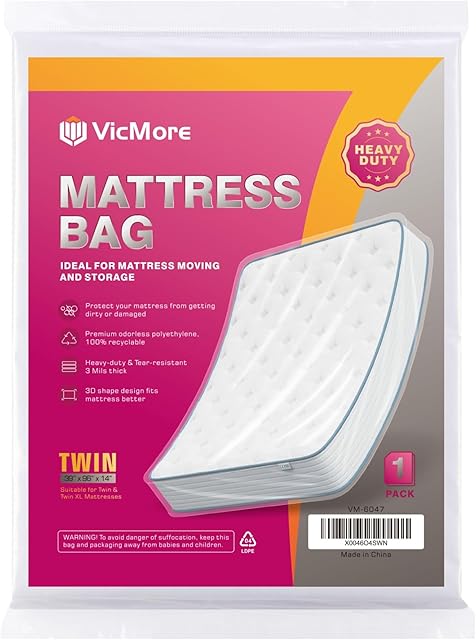 VICMORE Heavy-Duty Twin/Twin XL Mattress Bag for Moving & Storage – Waterproof, Tear-Resistant Plastic Mattress Protector Cover, Transparent & Easy-Fit