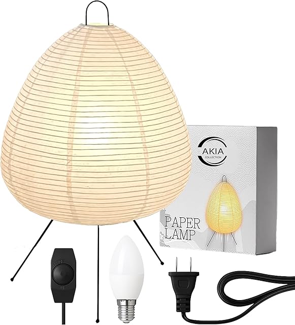 Noguchi Akari Rice Paper Lantern Lamp - Dimmable Japanese Table Lamp with Washi Paper Shade, Bulb Included - Japandi Bedside, Desk Light