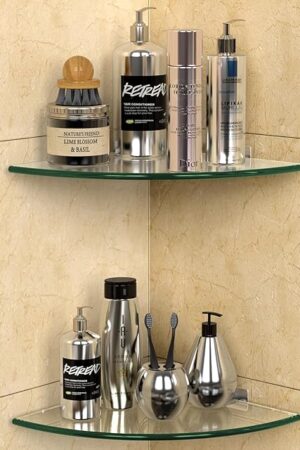 2-Pack Glass Corner Shower Shelves, Shower Wall Shelves with Aluminum Brackets, Drill Free