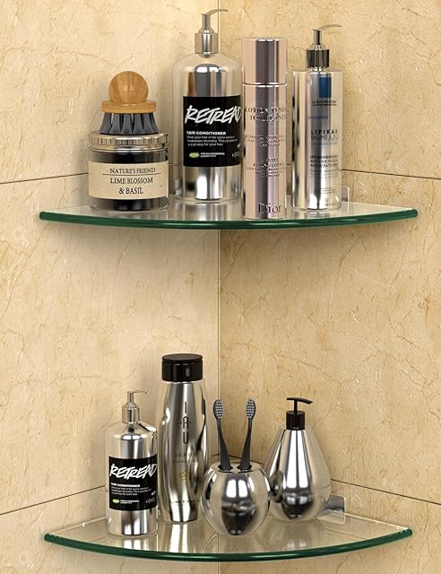 2-Pack Glass Corner Shower Shelves, Shower Wall Shelves with Aluminum Brackets, Drill Free