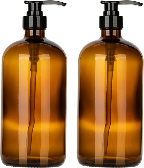 32 Ounce Glass Pump Dispenser Bottle, Large Amber Container with Pump for Shower and Bath Shampoo Soap Conditioner Lotion - 1 Liter Shower Bottles- by Kitchentoolz
