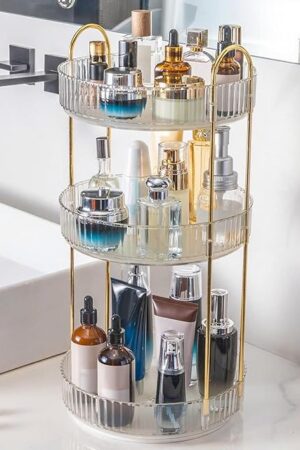 360° Rotating Makeup Organizer, Bathroom Make Up Spinning Holder Rack, Large Capacity Cosmetics Storage Vanity Shelf Countertop, Fits Cosmetics, Perfume, Skincare, Lipsticks(3 Tiers, Clear)