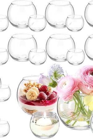 24 Pack Glass Bubble Vases,Small flower bud vases bulk,4"W x3"H Set of 12 Pcs Clear Bowl Vase,2.6"W x2.2"H Set of 12 Pcs Round Candle Holders,Mini Globe Vase Centerpiece for Wedding Party,Home Decor