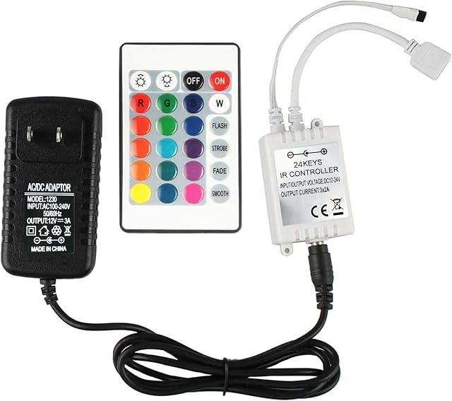 24 Key LED Strip Controller, Wireless Rectifier Control Box, IR Remote Controller, DC 12V 3A Power Supply Plug Adapter for 2835 3528 5050 RGB LED Strip Lights Flexible Tape Lighting