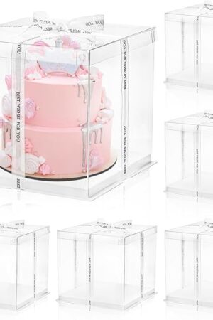 6 Pcs Clear Cake Box with Ribbon 2-Layer 10x10x10 Inch, Transparent Cake Carrier Box with Lids, PET Tall Cake Packaging Boxes, Clear Gift Boxes for Birthday, Wedding and Festival Party