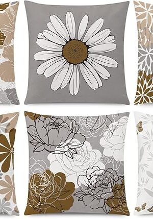 COMMINY Brown Grey Pillow Covers 18x18 Set of 6 Decorative Daisy Flower Throw Pillow Cover for Couch Modern Coffee Pillow Case for Patio Living Room Cushion Bed Farmhouse Home Decor