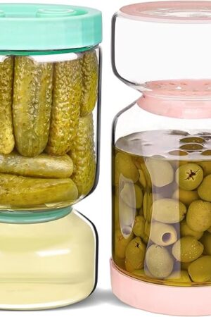 ZENS Glass Pickle Jar with Strainer Flip, 2 Pack Pickle Container Olive Hourglass Jars, Airtight Pickle Juice Separator from Wet and Dry, Pickles Storage Jar 51oz