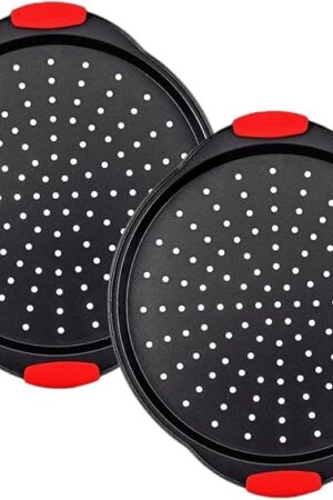 13 Inch Pizza Pan for Oven (2 Pack) Round Pizza Pan with Holes - Non-Stick Carbon Steel Pizza Tray with Silicone Handles - for Cooking, Baking, and Grilling - Dishwasher Safe