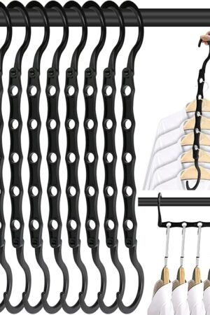 10 PCS Space Saving Hangers, 5-Hole Magic Hangers - Sturdy Plastic Hanger, Closet Organizers for Clothes Storage, College Dorm Essentials, Home Organization (Black)