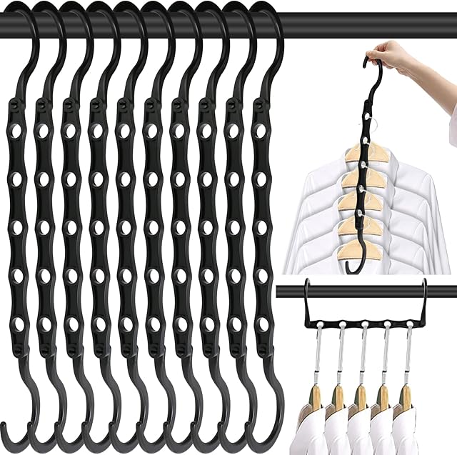 10 PCS Space Saving Hangers, 5-Hole Magic Hangers - Sturdy Plastic Hanger, Closet Organizers for Clothes Storage, College Dorm Essentials, Home Organization (Black)