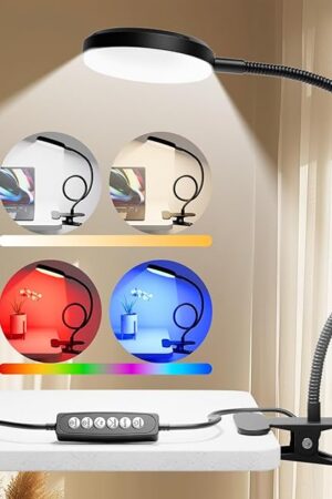 Desk Lamp with Clamp-10W，2-in-1 with RGB Ambient Light & Warm White Light,Book Reading Light Color Changeable/Flexible Gooseneck LED Lamps Clip on Bed Headboard and Computers 800LM-Black