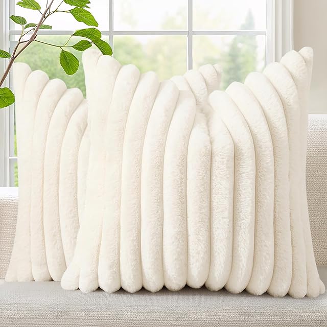 decorUhome Faux Fur Fall Throw Pillow Covers 18x18 Set of 2, Decorative Soft Plush Striped Neutral Couch Euro Pillow Covers with Velvet Back for Sofa, Bed, Living Room Home Decor, Cream White