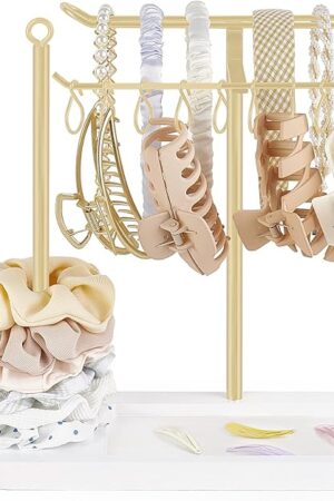 Dahey Headband Holder Multifunctional Hair Accessories Organizer Display Hairbands Claw Clips Scrunchie Metal Storage Stand Stylish Bedroom Dorm Bathroom Vanity Decor for Girls Women, Gold
