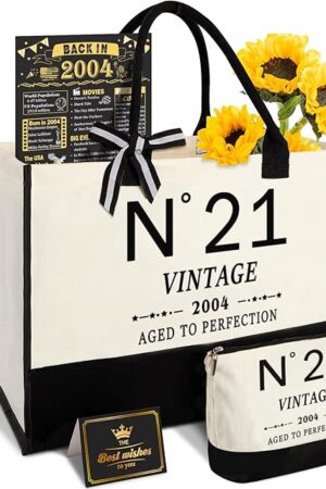 21st Birthday Gifts for Her Canvas Tote Bag Travel Gear, Unique 21 Years Old Gifts for Girlfriend Sister Coworker Friends Classmate Women, Vintage N°21 Handbag & Cosmetic Bag & Back in 2004 Poster