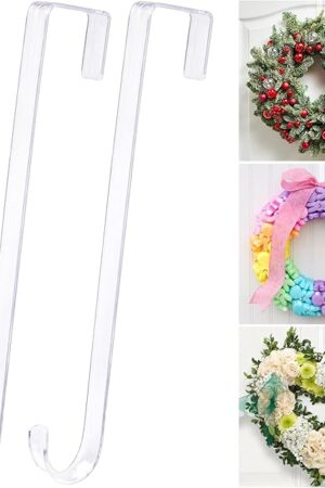 12" Clear Wreath-Hanger Non Scratch Over The Door Hooks,2 Pack Easter Halloween Christmas Decoration Welcome Sign for Front Doors Décor Inside Outside,Slim Hangers Organizer for Home