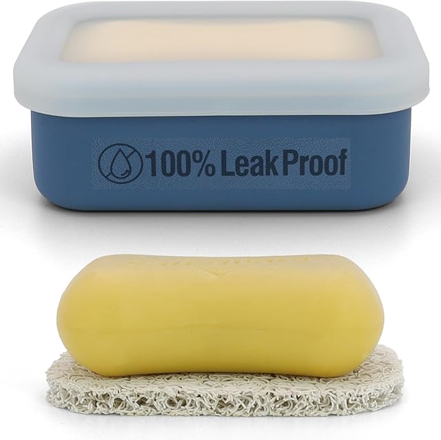 Compact Leakproof Travel Soap Case, Silicone Travel Soap Container, Portable Soap Box with Drainage Layer, Shatterproof Soap Holder for Bathroom, Gym (Blue)