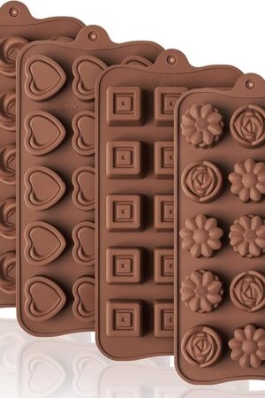 4 Pcs Silicone Chocolate Molds, Non-Stick Candy Molds for Making Bite Size Chocolates, Candies, Truffles, Gummies, Jelly (Heart, Sunflower, Rose, Square, Swirl Shaped)