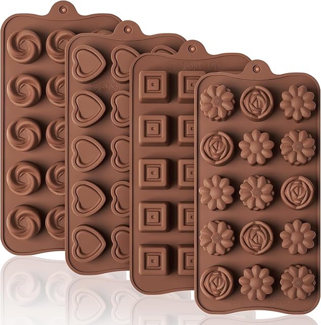 4 Pcs Silicone Chocolate Molds, Non-Stick Candy Molds for Making Bite Size Chocolates, Candies, Truffles, Gummies, Jelly (Heart, Sunflower, Rose, Square, Swirl Shaped)